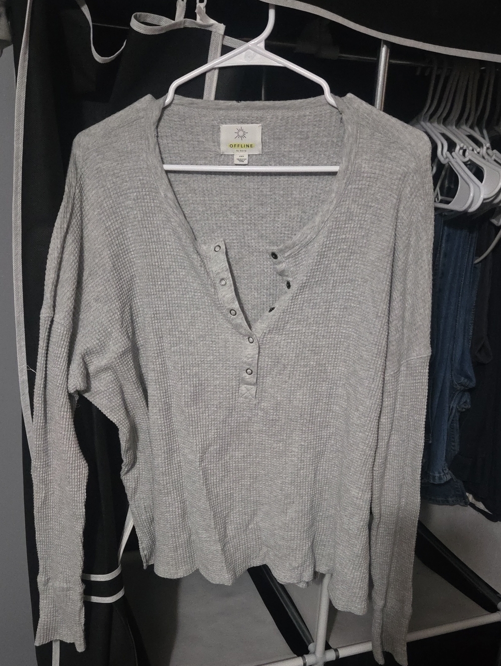 aerie Light Gray Waffle Henley Long Sleeve Top